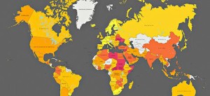 Mapa del Índice de Derechos Global de la Confederación Sindical Internacional [The International Trade Union Confederation's (ITUC) Global Rights Index] - Fuente: ITUC-CSI. La intensidad de la coloración señala la falta de respeto por los derechos laborales.